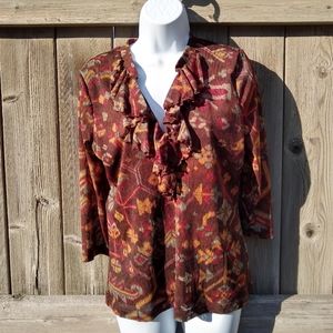 Chaps Ruffle Blouse Aztec Western Print Sz L